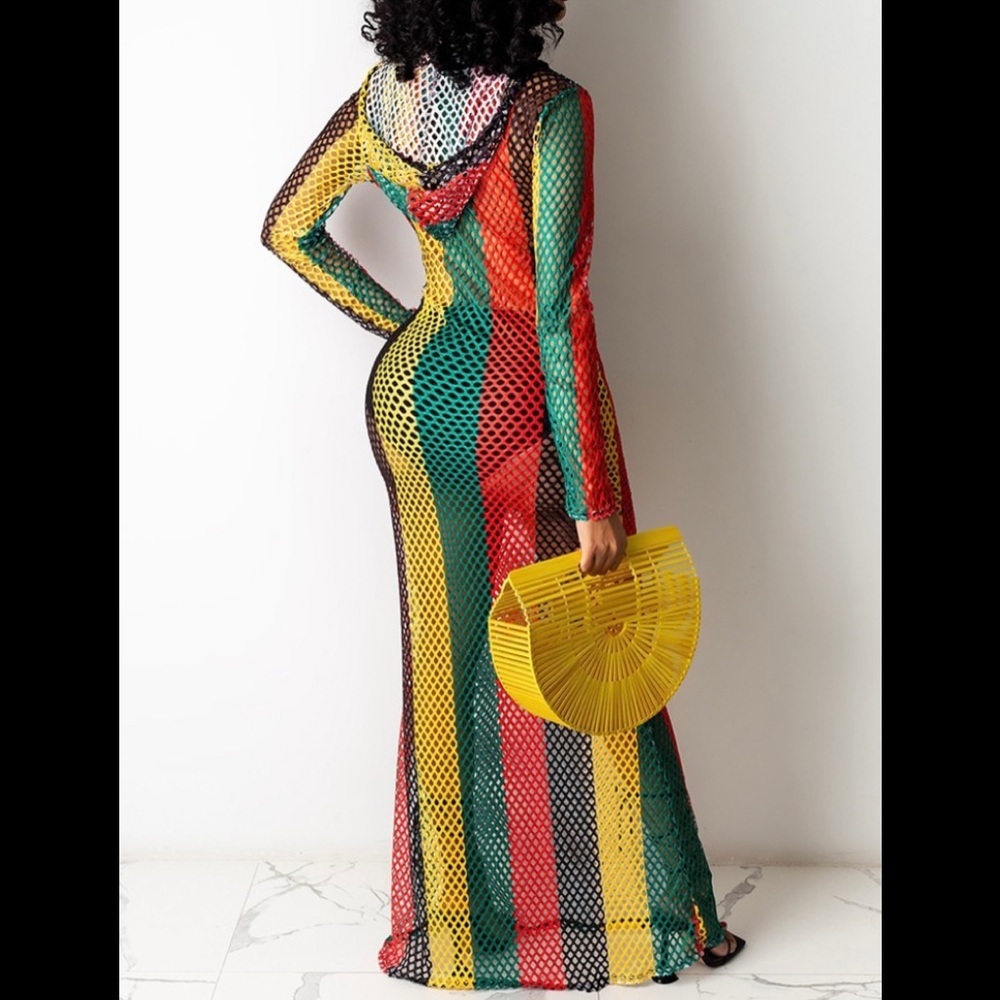 Color block fishnet design hooded cover up dress. - Picture 2 of 3